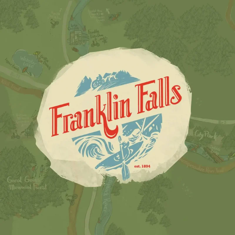Vintage-style Franklin Falls logo with marketing-inspired illustrations of mountains, a cyclist, a canoeist, and a forest map background.