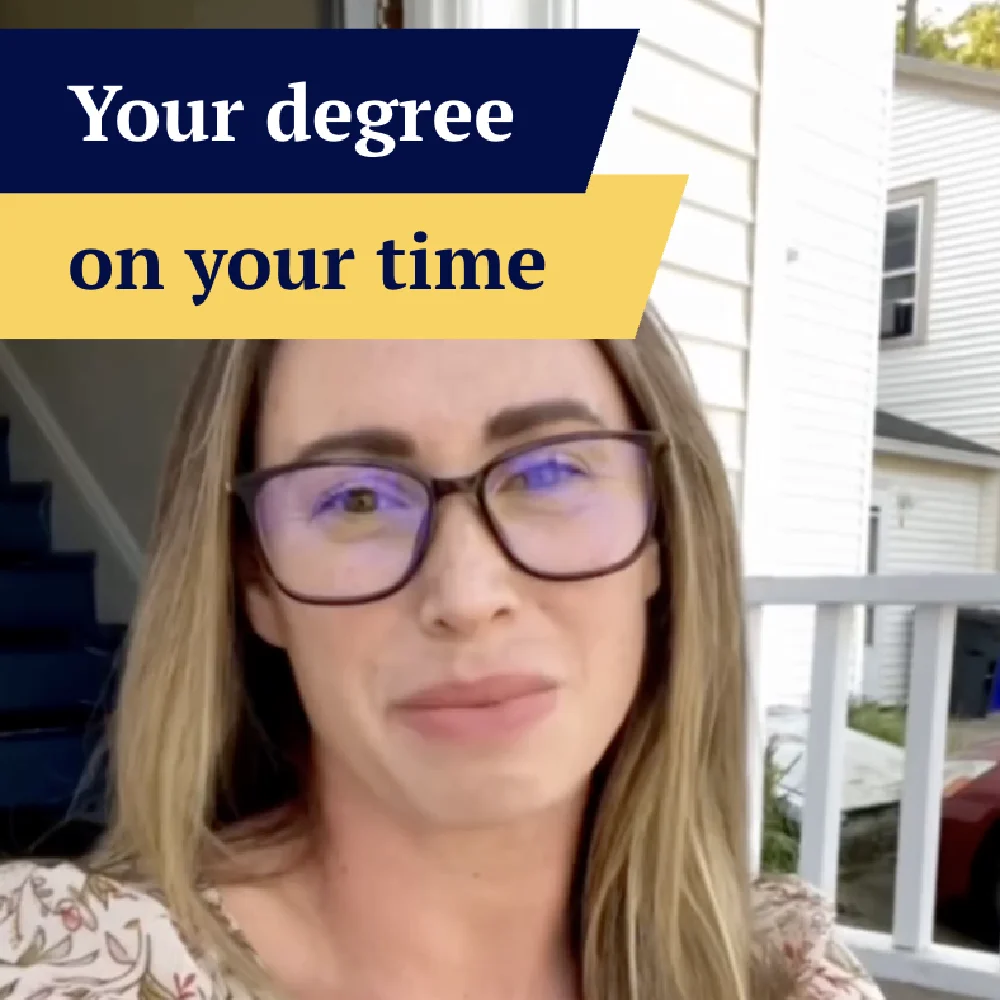 Woman with glasses smiling outside, text reads: Your degree on your time&mdash;empower your future with growth marketing.