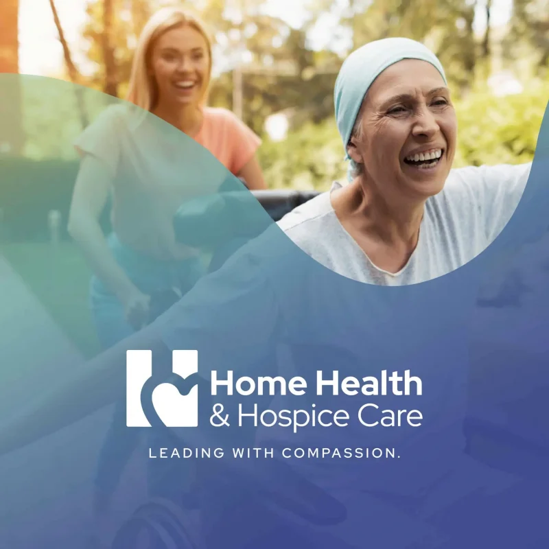 Smiling woman in headscarf enjoys outdoors with caretaker; Home Health & Hospice Care logo, slogan, and marketing message overlay.