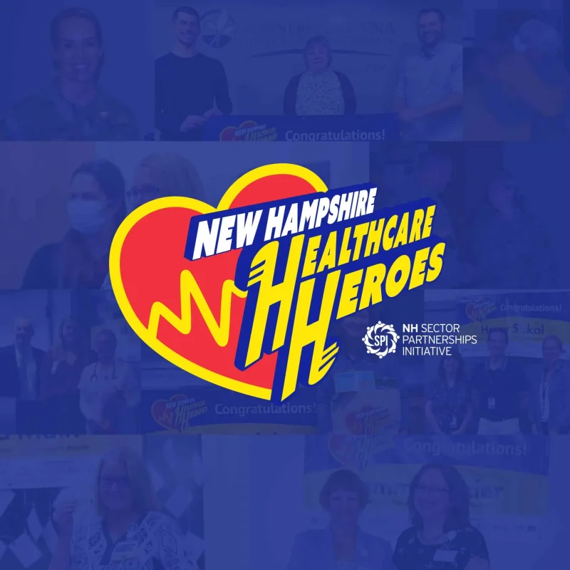 Large heart logo with New Hampshire Healthcare Heroes text over a blue background with faded people, perfect for marketing campaigns that celebrate our frontline heroes.