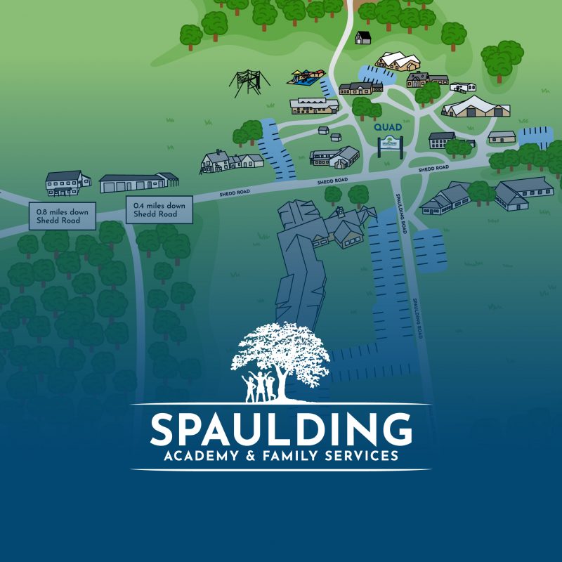 Illustrated campus map of Spaulding Academy & Family Services, designed for marketing purposes, featuring buildings, roads, trees, and parking areas.