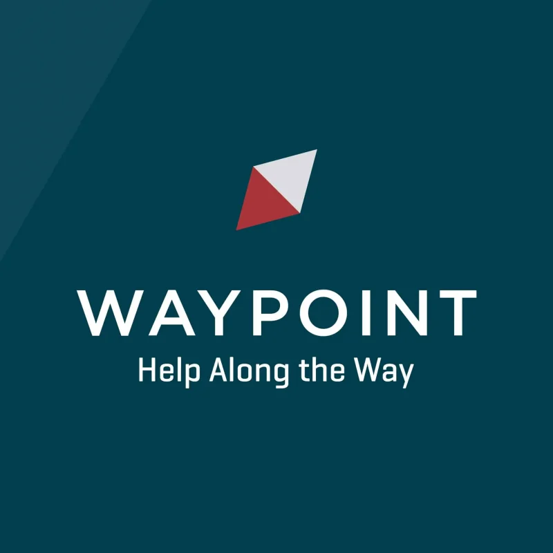Logo with a red and white compass icon above the words &ldquo;WAYPOINT Help Along the Way&rdquo; on a teal background, creating a strong marketing presence.