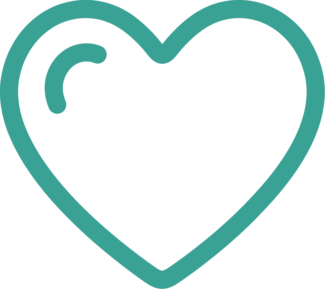 Teal outline of a heart with a small curved line inside the upper left side, symbolizing community, on a light gray background.