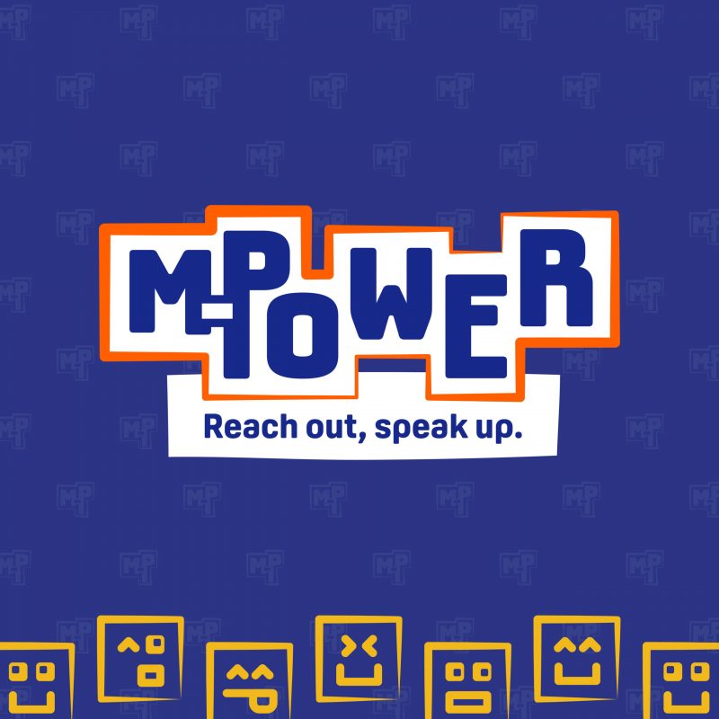 Blue background with &ldquo;MPOWER&rdquo; in bold letters and &ldquo;Reach out, speak up.&rdquo; below. Yellow emoji faces at the bottom add a friendly touch, making it perfect for marketing positive connections.