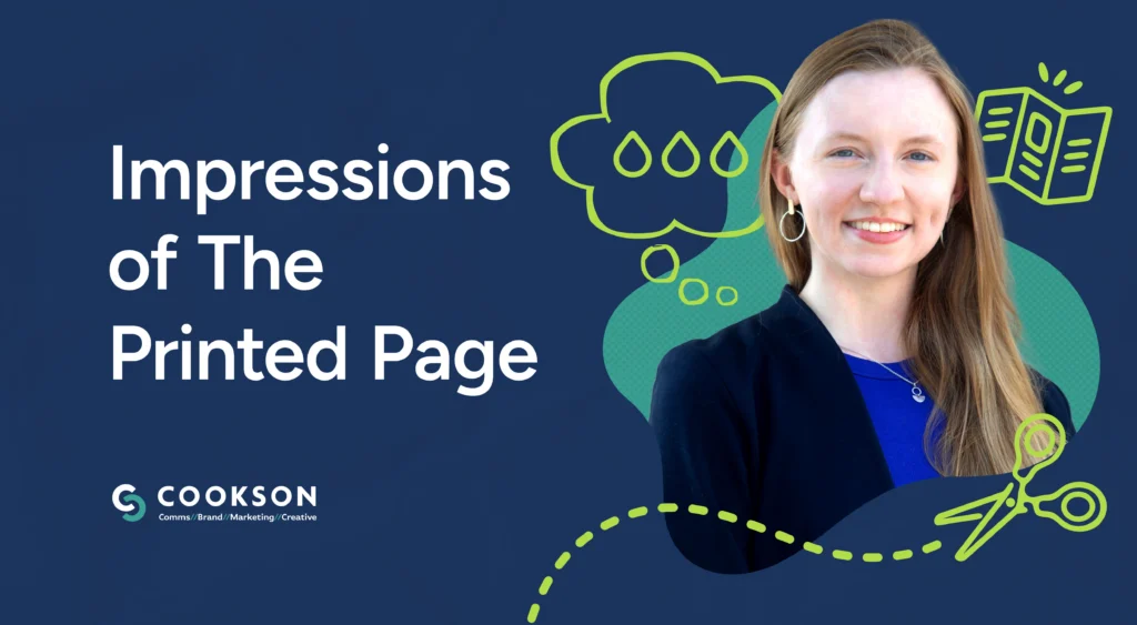 Smiling woman in business attire with text: Impressions of the Printed Page and graphic icons.